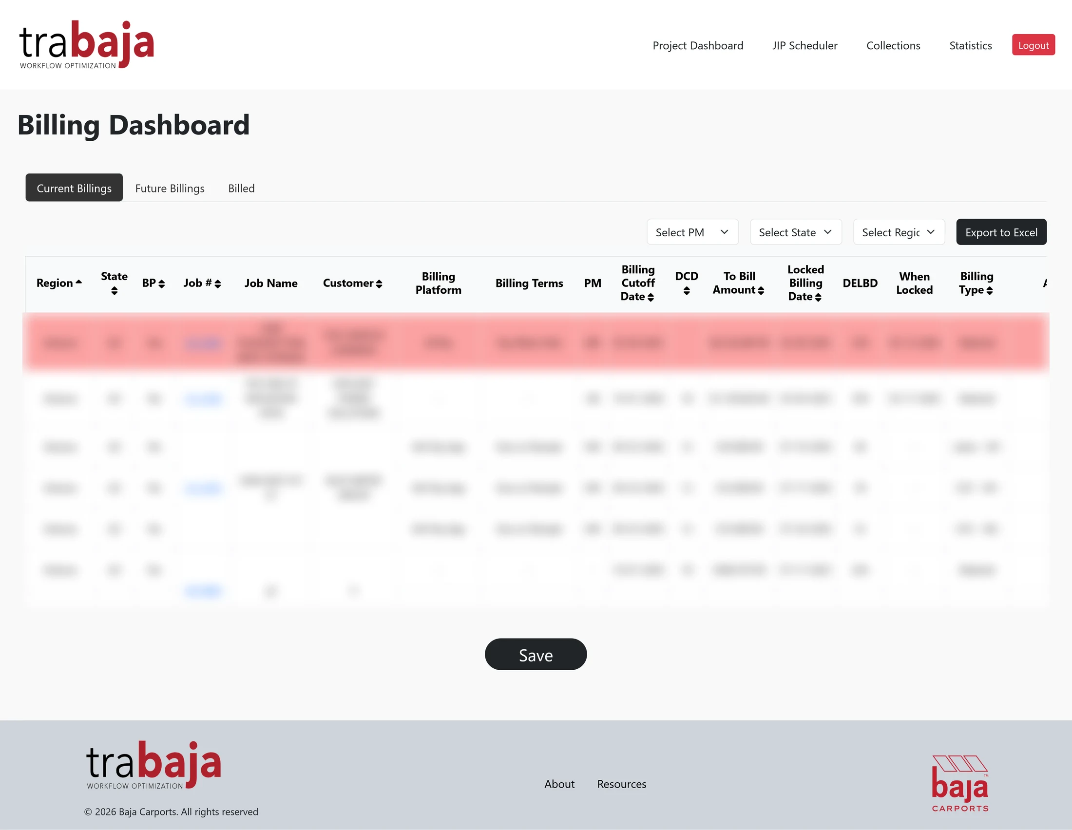 Trabaja billing dashboard showing current, future, and billed work across active projects