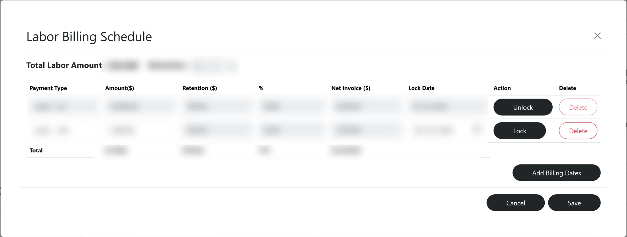 Trabaja labor billing schedule showing milestones, retention, lock dates, and invoice readiness