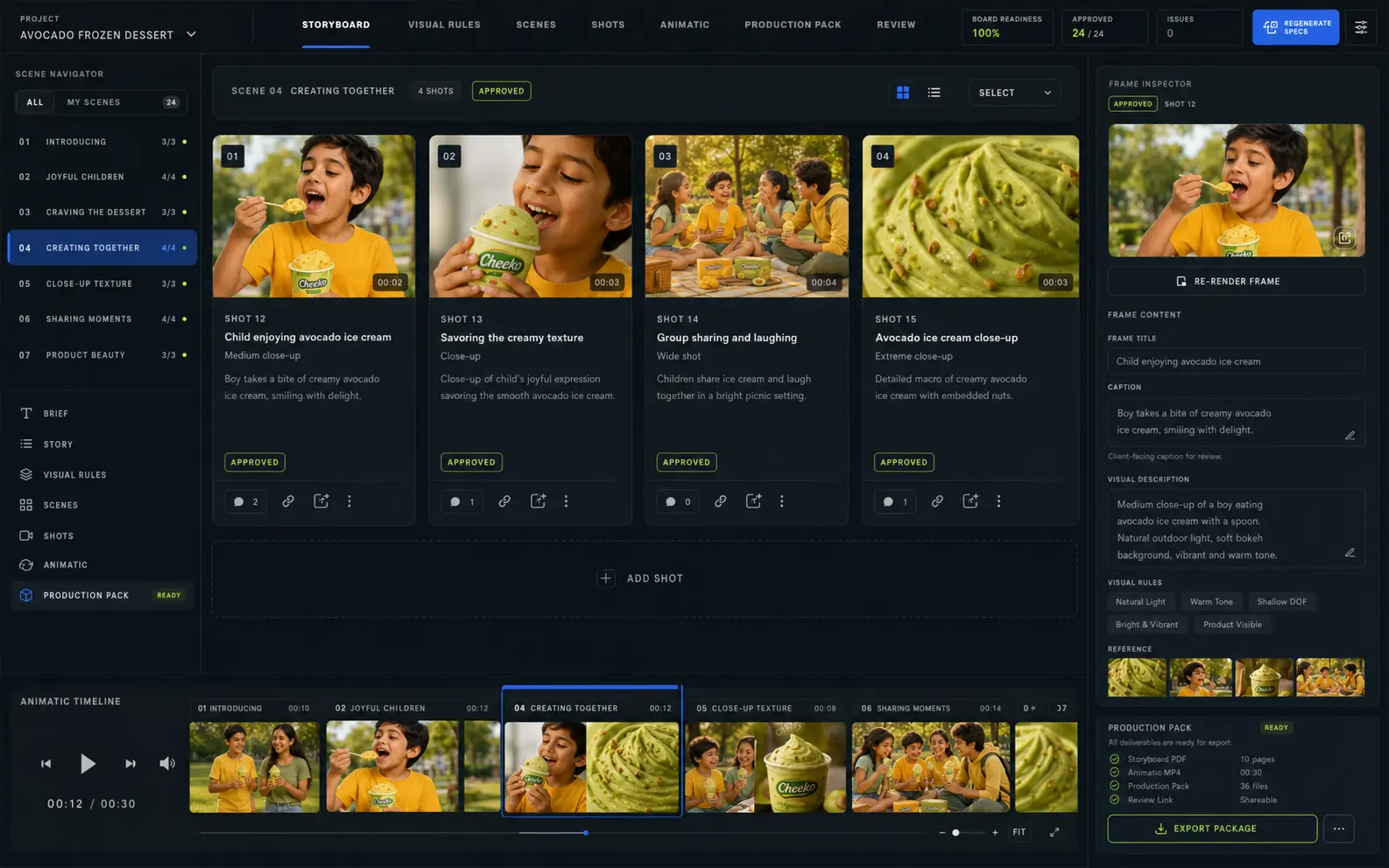 AI previsualization production workspace with storyboard scenes, shot approvals, and animatic timeline